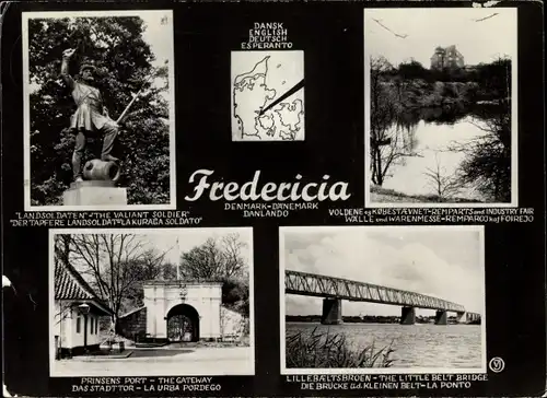 Ak Fredericia Jutland Dänemark, The Valiant Soldier, Gateway, Little Belt Bridge, Industry Fair