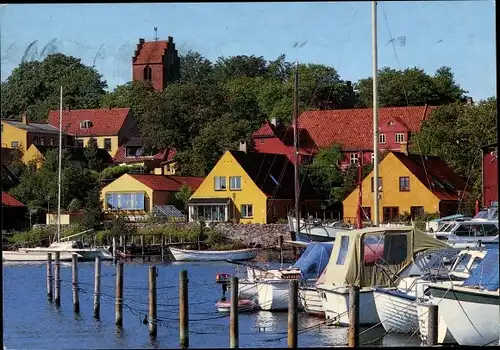 Ak Skælskør Sogn Dänemark, Partie am Hafen, Wohnhäuser, Motorboote