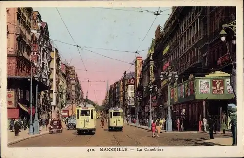 Ak Marseille Bouches du Rhône, La Canebière, tramways