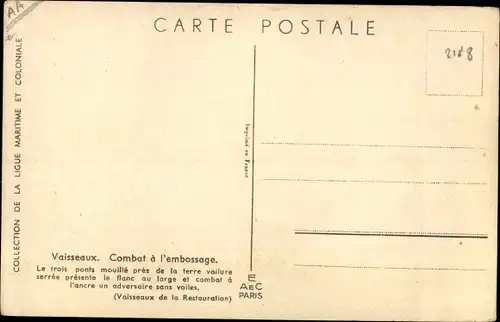 Künstler Ak Vaisseux, Combat a l'embossage,Französisches Schlachtschiff, Ligue Maritime et Coloniale