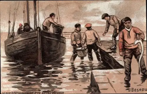 Künstler Ak Besnou, D., La Mer, Dechargement d'un Bateau Pecheur