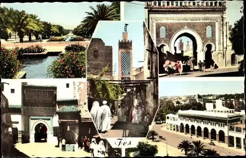 Ak Fès Fez Marokko, Avenue de la Liberte, Place et Fontaine Nejiarine, Porte de Bou Jeloud