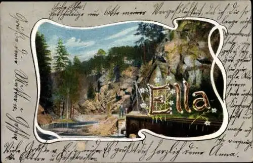 Passepartout Buchstaben Ak Vorname Ella, Partie am Fluss, Felsen, Wald