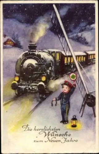 Ak Glückwunsch Neujahr, Bahnvorsteher, Eisenbahn, Hufeisen