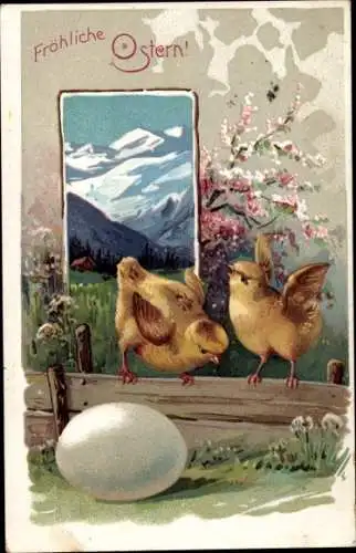Ak Glückwunsch Ostern, Küken, Osterei, Blühende Bäume
