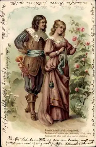 Litho Trompeter von Säckingen mit Geliebter, Rosen brach sich Margareta..., Liebespaar