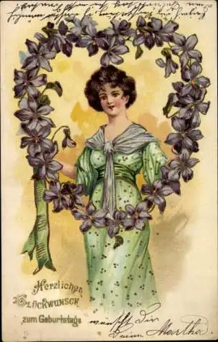 Präge Litho Glückwunsch Geburtstag, Frau, Kranz aus Veilchen