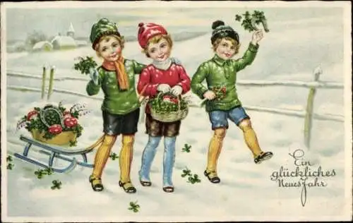 Ak Glückwunsch Neujahr, Mädchen, Glücksklee, Schlitten, Pilze, Hufeisen