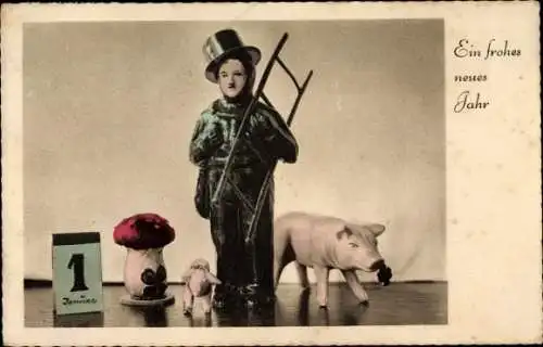 Ak Glückwunsch Neujahr, Schornsteinfeger, Schwein, Pilz, Kalender