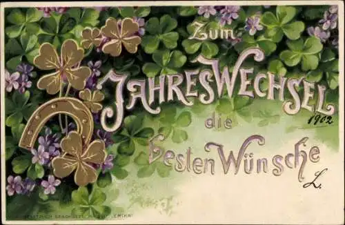 Präge Ak Glückwunsch Neujahr, Glücksklee, Blumen, Hufeisen