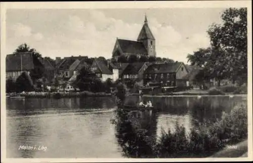 Ak Mölln im Herzogtum Lauenburg, Teich, Häuser, Kirchturm, Ruderpartie