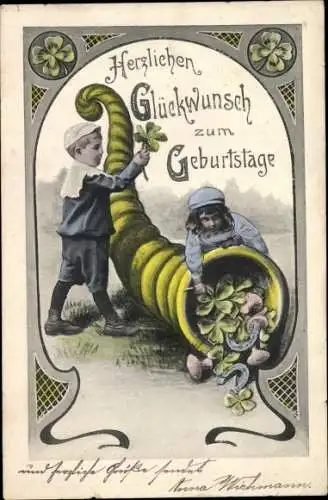 Ak Glückwunsch Geburtstag, Glücksklee, Kinder, Horn