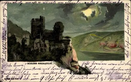 Litho Trechtingshausen am Rhein, Burg Rheinstein, Berggesichter, Nachtansicht