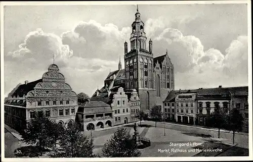 Ak Stargard Szczecinski Stargard Pommern, Markt, Rathaus, Marienkirche