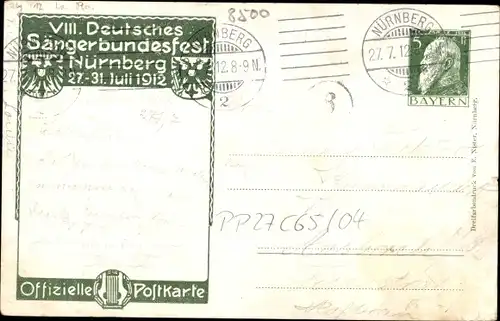 Ganzsachen Ak Nürnberg in Mittelfranken Bayern, 8. Deutsches Sängerbundesfest 1912, Sängerhalle