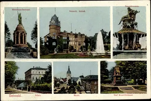 Ak Detmold in Nordrhein Westfalen, Hermannsdenkmmal, Schloss, Donopbrunnen, Palais, Markt