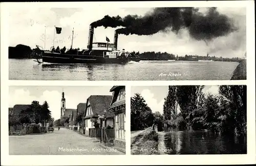 Ak Meissenheim Baden, Kirchstraße, Raddampfer auf dem Rhein, Mühlbach