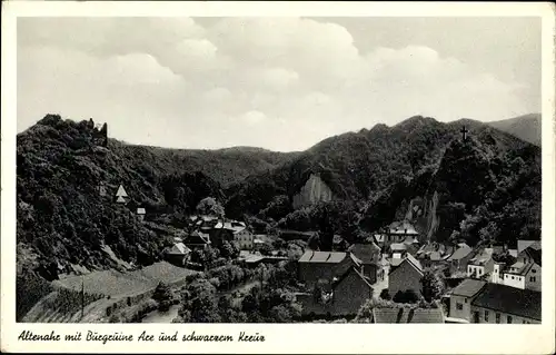 Ak Altenahr im Ahrtal, Teilansicht mit Burgruine Are und schwarzem Kreuz