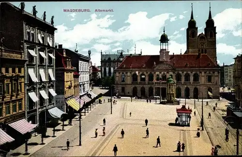 Ak Magdeburg in Sachsen Anhalt, Altemarkt, Totalansicht mit Kirche und Rathaus