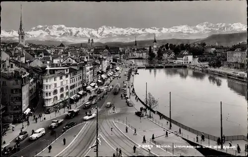 Ak Zürich Stadt Schweiz, Limmatquai, Stadtpanorama, Alpen