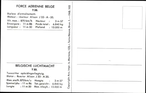 Ak Force Aerienne Belge, Belgische Luchtmacht, T 33, FT 36, Übungsflugzeug