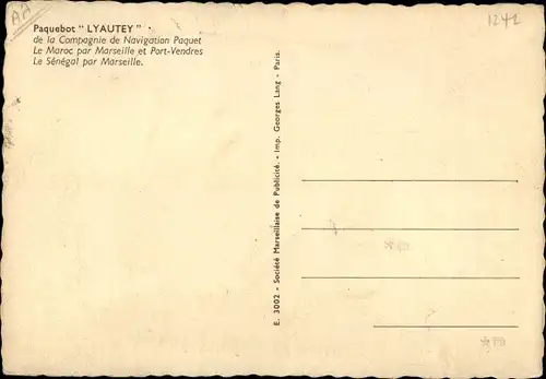 Künstler Ak Dampfer Lyautey, Compagnie de Navigation Paquet, CNP