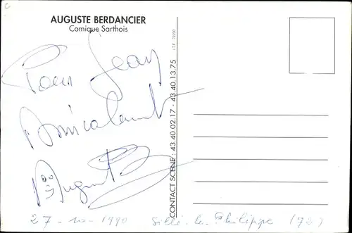 Ak Auguste Berdancier, Comique Sarthois, Komiker mit Kondom, Autogramm