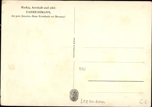 Künstler Ak Fahrensmann, Jamaica Rum Verschnitt aus Bremen, Reklame, Seemann