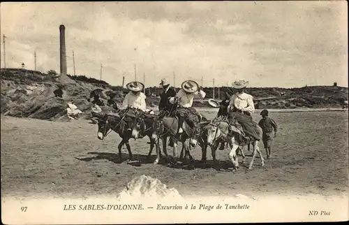 Ak Les Sables d'Olonne Vendée, Excursion a la Plage de Tanchette, Frauen auf Eseln