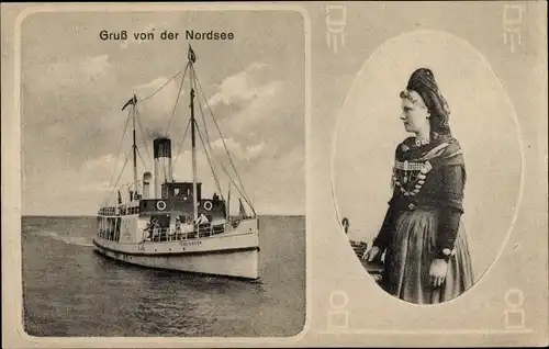 Ak Gruß von der Nordsee, Frau in Tracht, Fährschiff