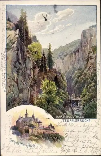 Künstler Ak Kretschmar, Wernigerode am Harz, Schloss, Bodetal, Teufelsbrücke, Berggesichter