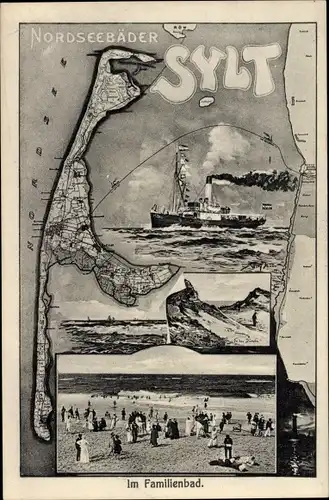Landkarten Ak Insel Sylt in Nordfriesland, Familienbad, Dampfer