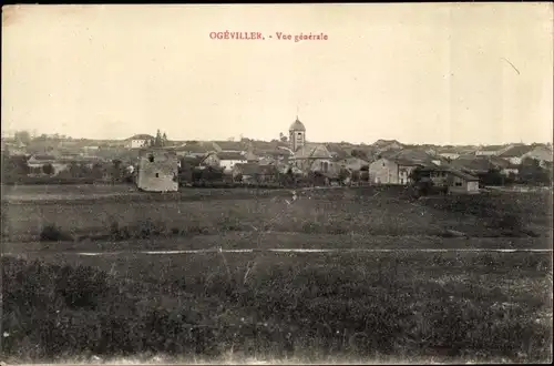 Ak Ogeviller Meurthe et Moselle, Vue generale, Kirche, Turm, Felder