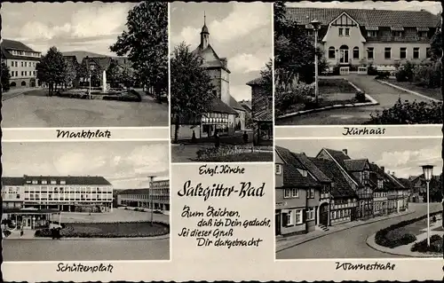 Ak Bad Salzgitter in Niedersachsen, Kurhaus, Schützenplatz, Marktplatz, Ev. Kirche, Warnestraße