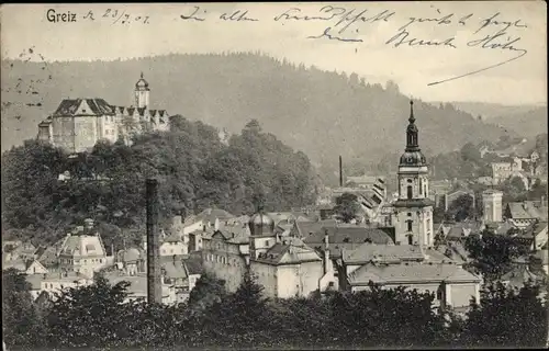 Ak Greiz im Vogtland, Stadtansicht, Kirchturm