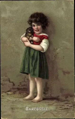 Ak Barfüßle, Mädchen mit kleinem Hund