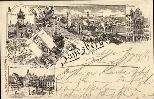 Litho Landsberg am Lech in Oberbayern, Mutterturm, Hauptplatz, Schmalzturm, Rathaus, Panorama