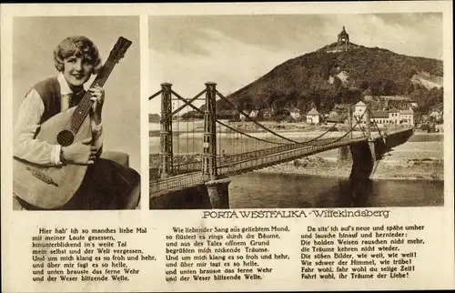 Lied Ak Porta Westfalica in Nordrhein Westfalen, Wittekindsberg, Brücke, Frau mit Gitarre, Denkmal