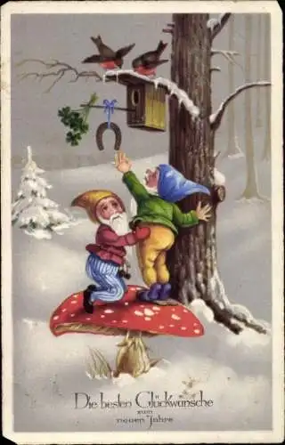 Ak Glückwunsch Neujahr, Zwerge, Pilz, Vogelhäuschen, Hufeisen, Glücksklee