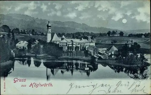 Mondschein Ak Höglwörth Anger im Rupertiwinkel Oberbayern, Blick auf den Ort, Kirche