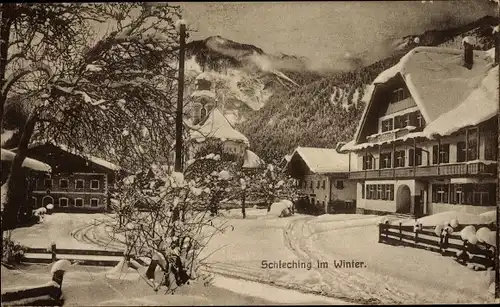 Ak Schleching in Oberbayern, Ortspartie im Winter