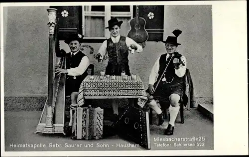 Ak Hausham in Oberbayern, Heimatkapelle Gebr. Saurer und Sohn, Miesbacherstraße 25, Tracht, Harfe