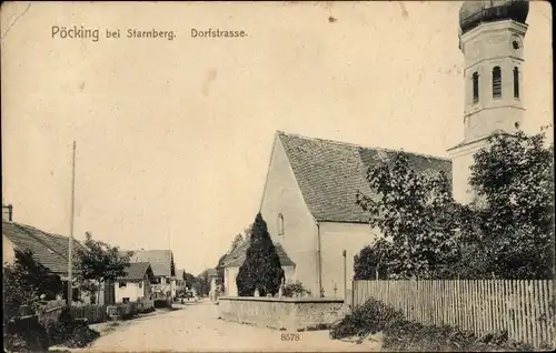 Ak Pöcking am Starnberger See Oberbayern, Dorfstraße mit Kirche
