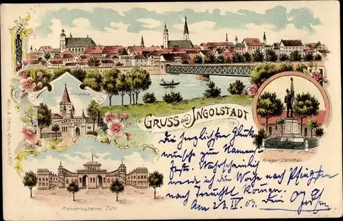 Litho Ingolstadt an der Donau Oberbayern, Kriegerdenkmal, Pionierkaserne Tilli, Totalansicht