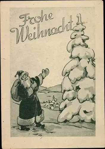 Ak Glückwunsch Weihnachten, Weihnachtsmann neben schneebedeckter Tanne