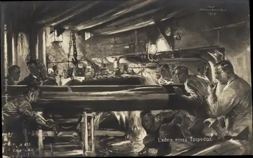 Künstler Ak Schwarmstädt, Deutsches Kriegsschiff, Laden eines Torpedos, Seeleute
