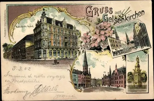 Litho Gelsenkirchen im Ruhrgebiet, Bahnhofshotel, Neumarkt, Kriegerdenkmal, Bahnhofstraße