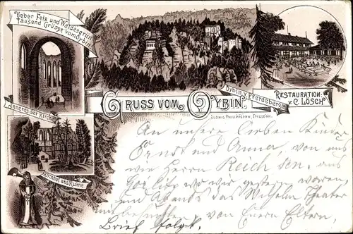 Litho Oybin, Blick zum Kirchhof, Ruine, Gasthof Lösch