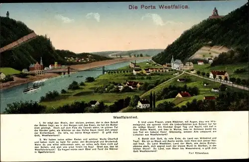 Ak Porta Westfalica in Nordrhein Westfalen, Westfalenlied, Blick auf den Ort mit Umgebung