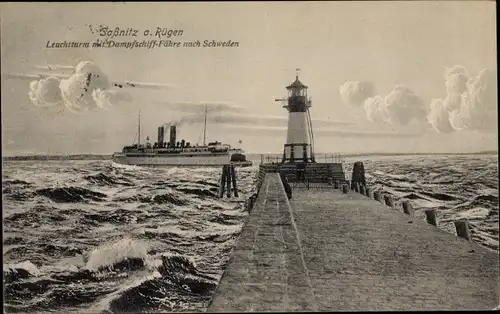 Ak Sassnitz auf Rügen, Leuchtturm mit Dampfschifffähre nach Schweden